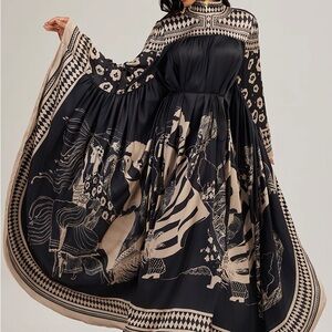 Designer-Style Motif Printed Black & Cream Long Sleeve Maxi Dress